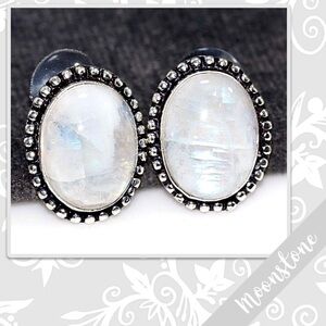 Rainbow Moonstone Silver Artisan Stud Earrings, 0.9” (Pearl White, Blue-Violet)